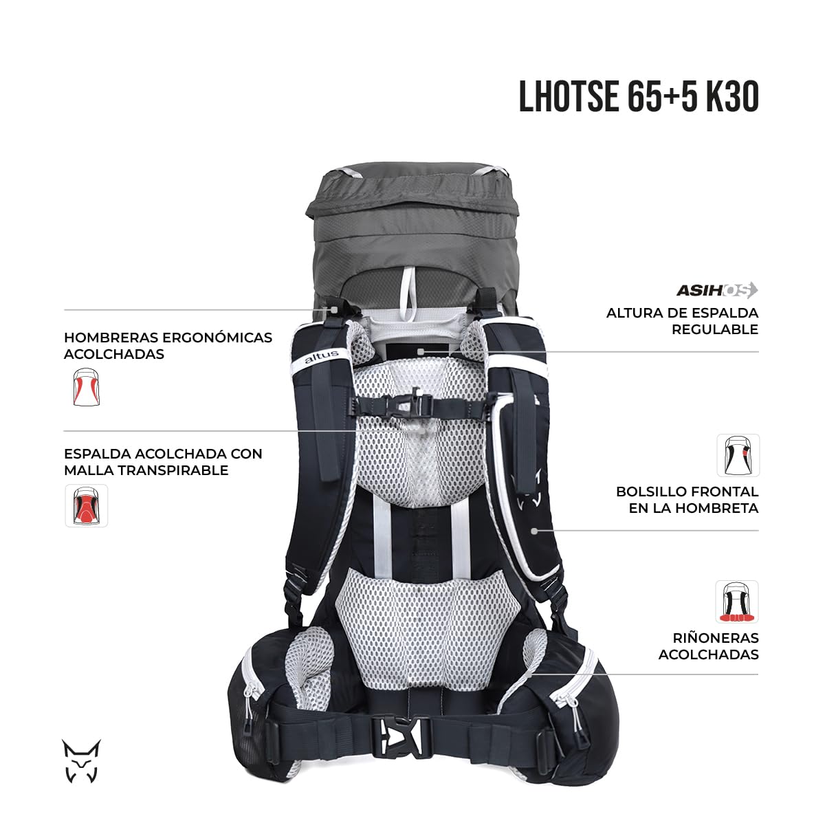 ALTUS Lhotse 65+5 K30 Mochila de Montaña y Trekking 70 Litros Unisex | Espalda Regulable, Apertura en U, Acceso Inferior, Portaesquís