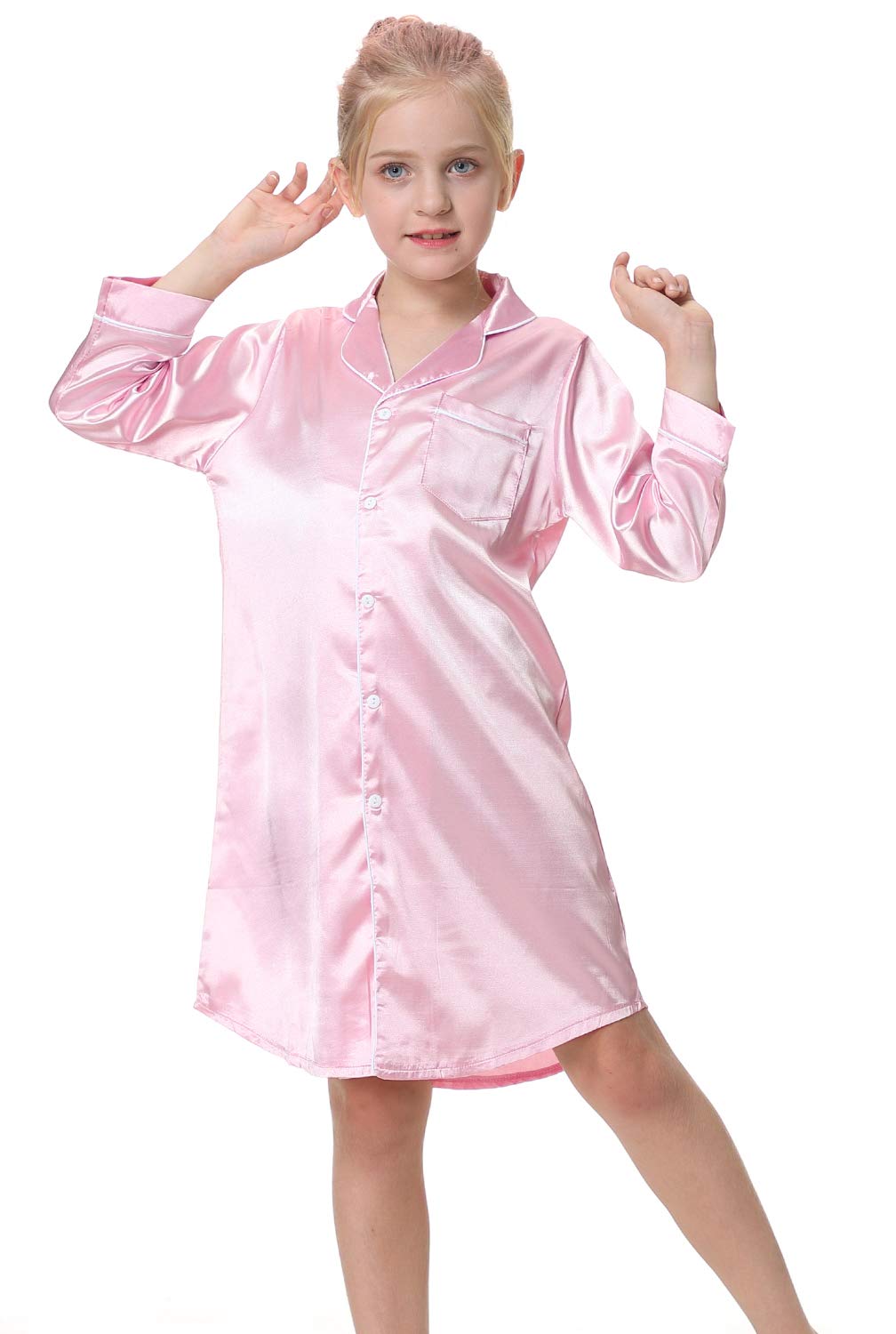 CattyGirl Children's Nightgown Polyester Silk Satin Sleepwear Girls Long Sleeve Nightdress Pajamas