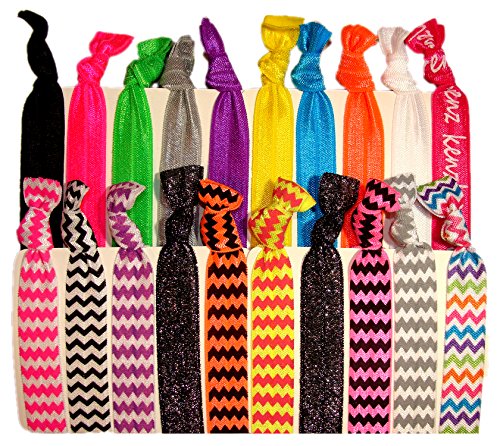 Hair Ponytail Holders Hair Ties - 20 Pack Chevron Assortment No Crease Elastic Sparkle Glitter FOE Ribbon - By Kenz Laurenz