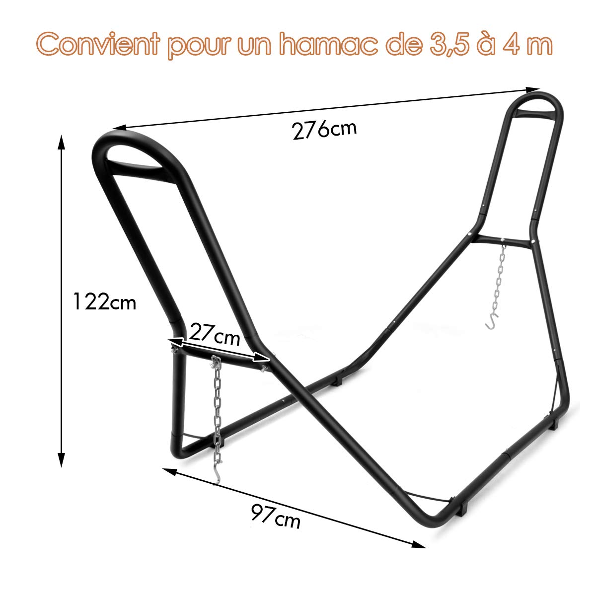GOPLUS Support de Hamac, Lit Suspendu Robuste, Matériau en Métal d’Acier de Haute Qualité avec 2 Chaînes et Crochets en Forme de S, 276 x 97 x 122CM, Capacité de 200KG, pour Jardin et Camping