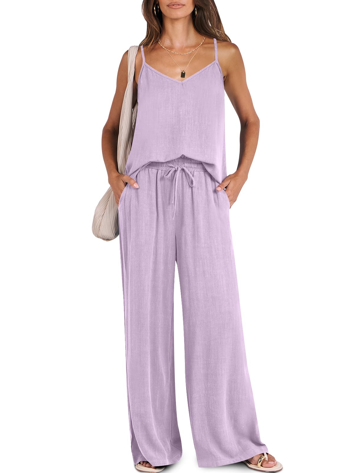 ANRABESSWomen's Piece Linen Lounge Set Casual Matching Pants Jumpsuit  Summer Beach Travel Vacation Trendy Outfits