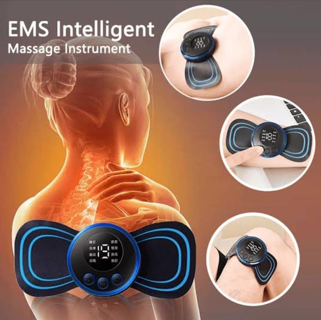Qyro wireless portable EMS mini pain relief massage machine full body, shoulders, back, muscles, neck, 8 mode with feet and 19 strength level, butterfly carrier (multicol) for feet Qyro wireless portable EMS mini pain relief massage machine full body, shoulders, back, muscles, neck, 8 mode with feet and 19 strength level, butterfly carrier (multicol) for feet