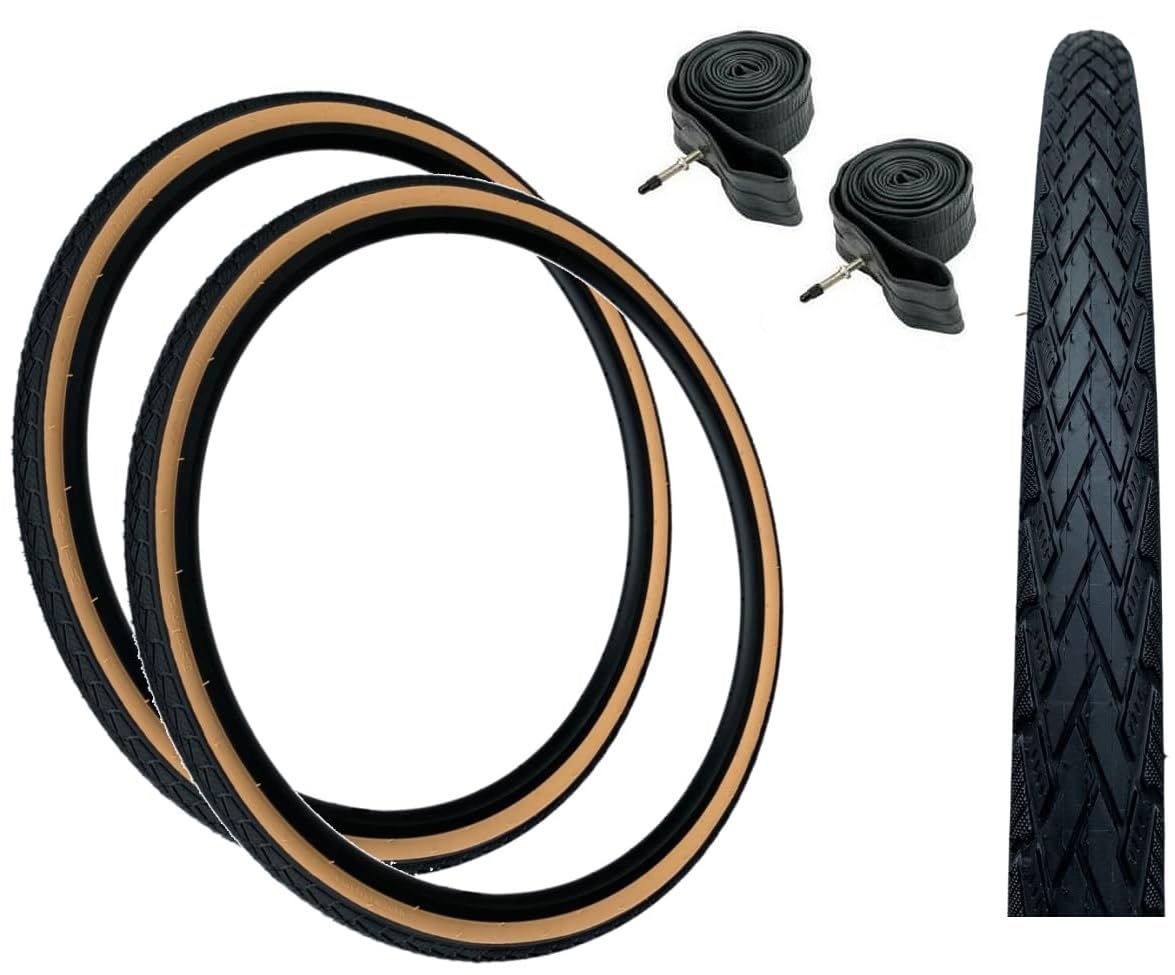 Baldys 700 x 35c Hybrid/Trekking Bike Slick Tyres BLACK/TAN & Presta Valve Inner Tubes (Pack of 2)