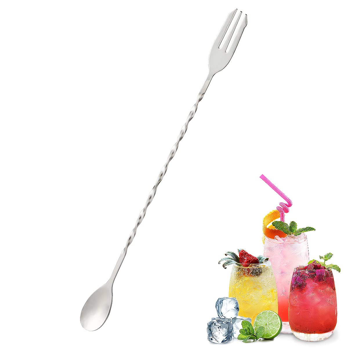 Wepikk Bar Spoon Cocktail Mixing Spoon Bar Stirring Spoon Drink Stirrers Fruit Fork 1 Pcs Stainless Steel Bar Set Bartender kit 12.6 Inch Spiral Pattern Long Handle