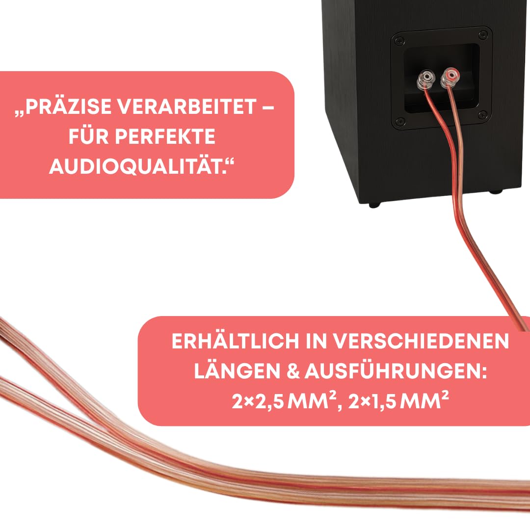 Cavo per altoparlante, 2 × 1,5 mm², 100 metri, in puro rame OFC, trasparente con striscia di marcatura rossa, flessibile e robusto, per HiFi, surround, home cinema, auto e studio