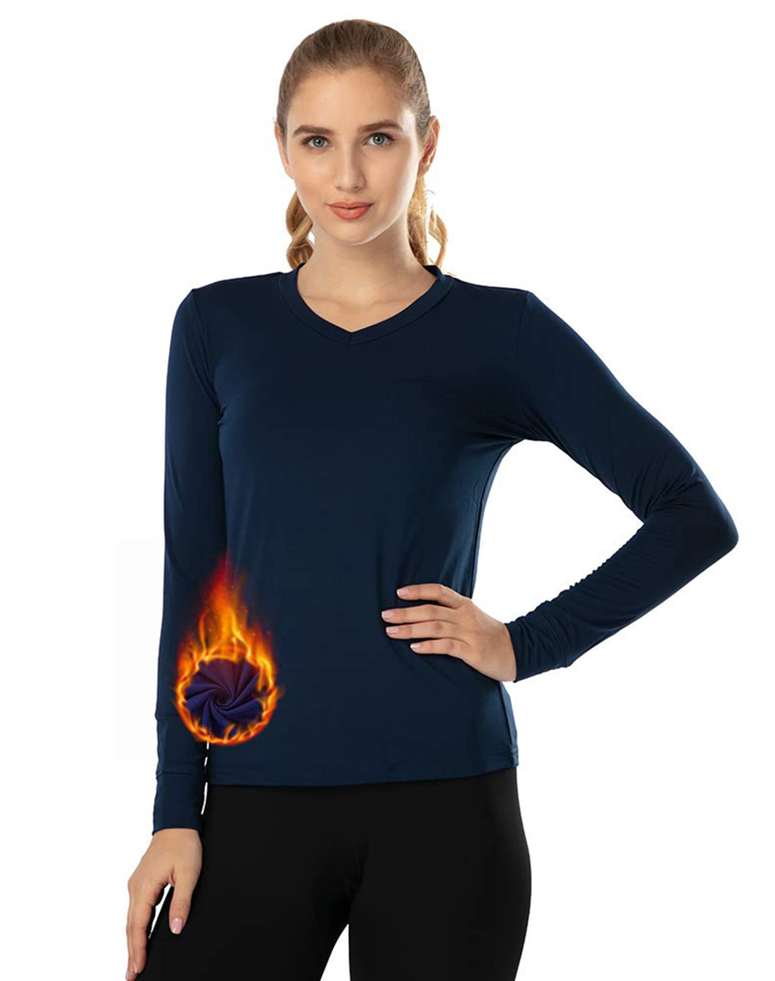 MANCYFIT Thermal Tops for Women Fleece Lined Shirt Long Sleeve Base Layer V Neck