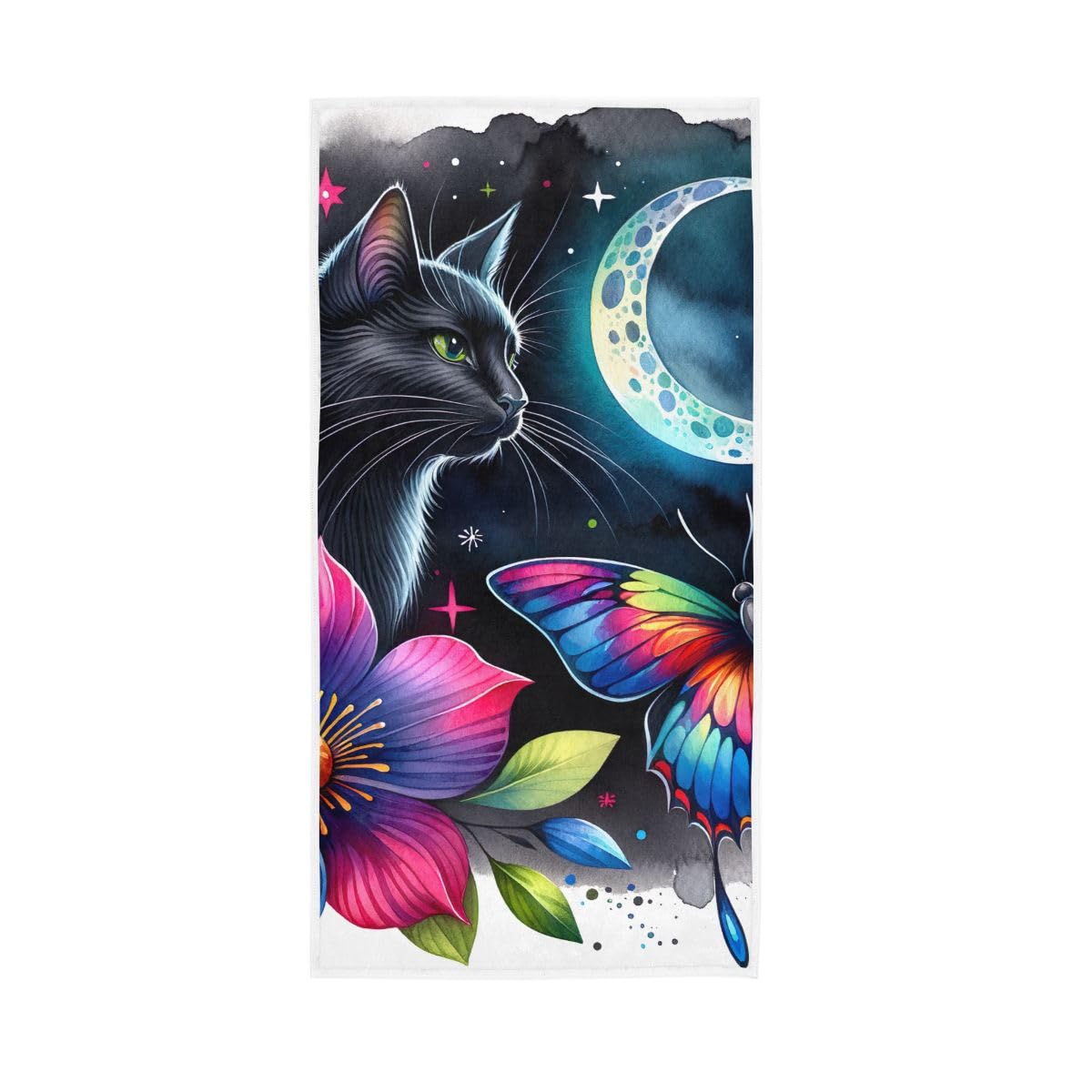 LSRCPD Colorful Butterfly Flower Black Cat Hand Towel, 15 x 30 Inches, Soft Highly Absorbent Towels for Bathroom Gym Hotel