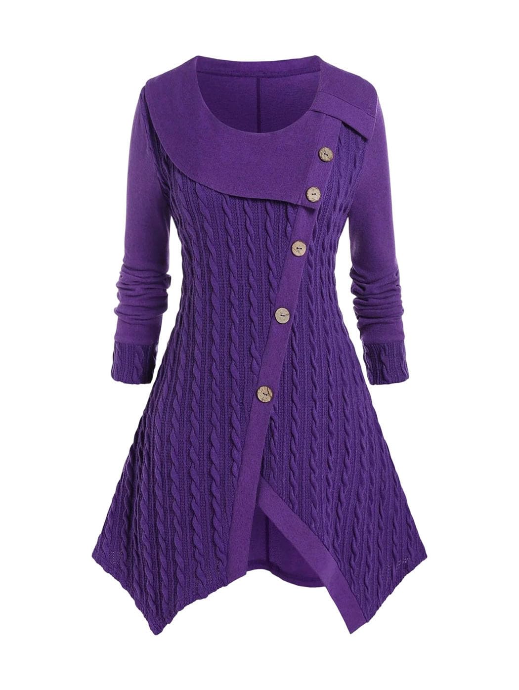 Women Asymmetrical Mock Neck Button Cable Knit Sweater Oversize Fashion Loose Office Jumper