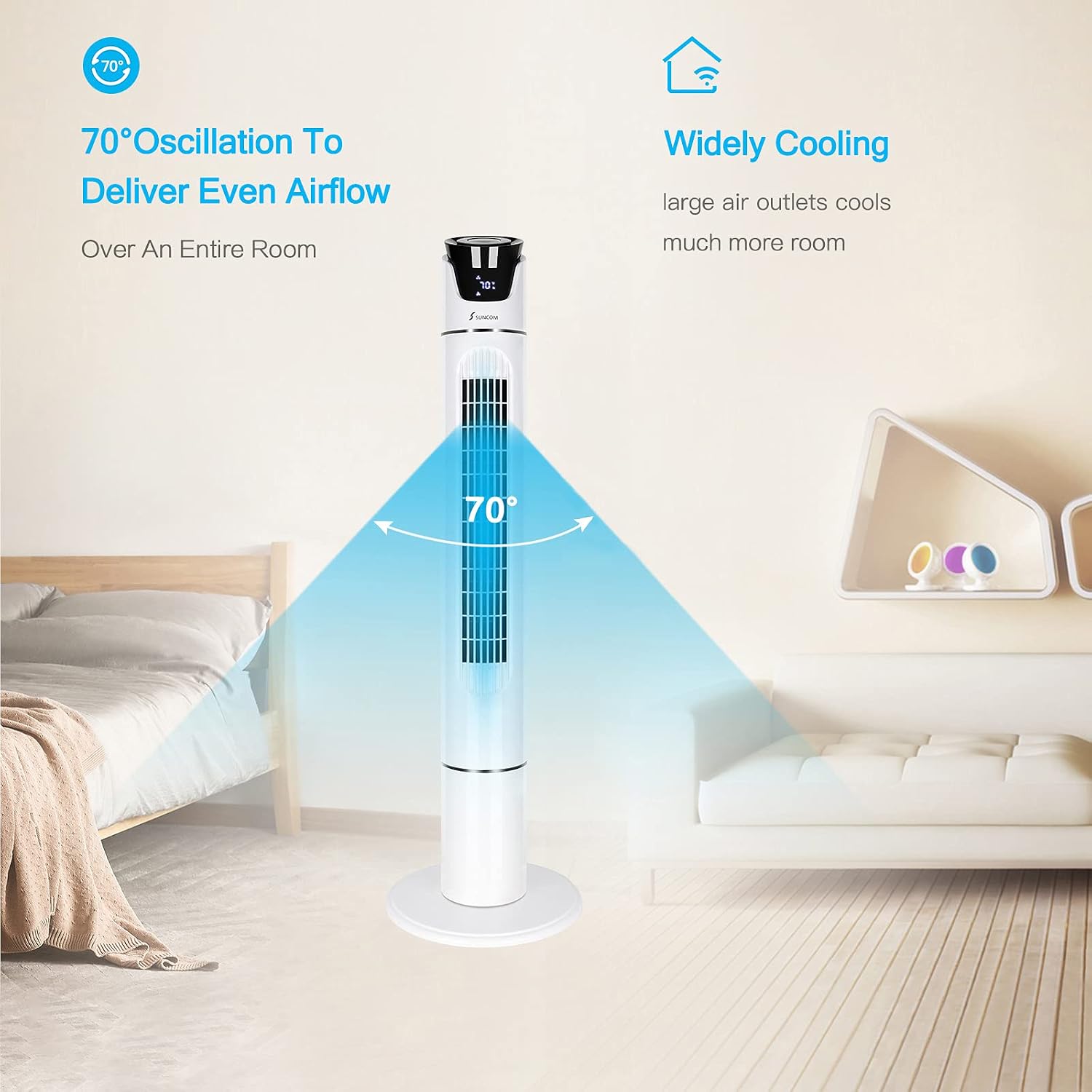 Tower Fan, 43” 70°Oscillating Cooling Fan with Remote, 9 Modes, Up to 12H Timer, LED Display Auto turn-Off, Bladeless Standing Fan Portable for Whole Room, Powerful Floor Fan with Memory Function