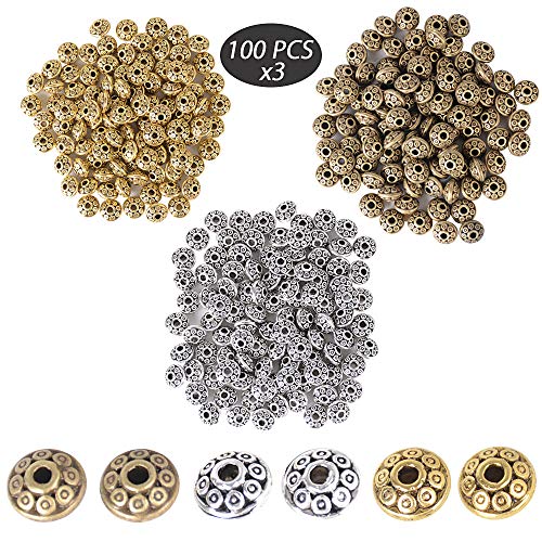 JNCH 300pcs Abalorios Espaciadores Mixtos Separador Abalorios Espaciador Cuentas de Plata Tibetano para DIY Pulseras Collares Colgantes Pendientes Joyería Bisutería 3 Colores Vintage Mixtos
