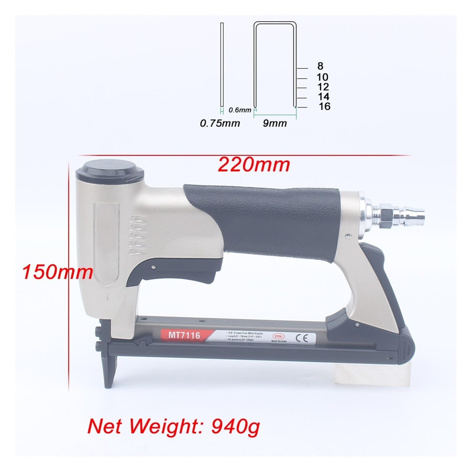 Pistola sparapunti pneumatica senza olio MT7116 Cucitrice meccanica 22Ga Cucitrice pneumatica Lunghezza 220 mm Cucitrice a filo sottile