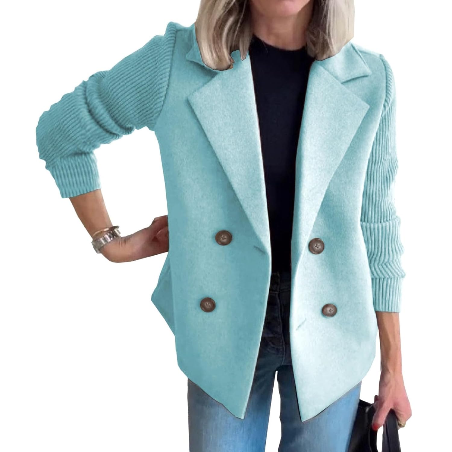 Womens Lapel Button Knitted Patchwork Sleeve Casual Coat Cropped Sweater Blazer Patchwork Jacket Business Knit Blazer