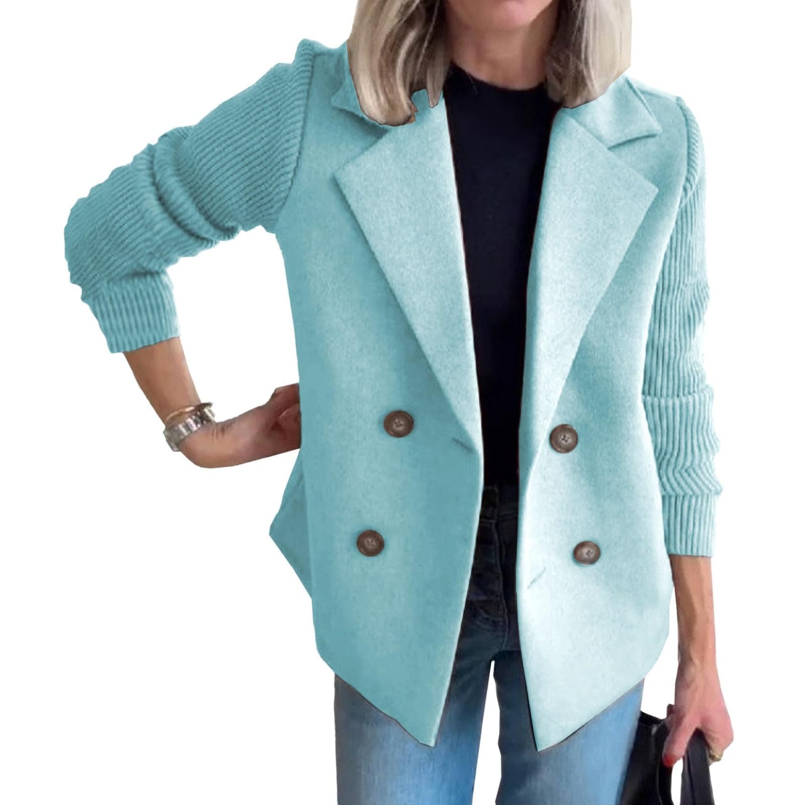 Womens Lapel Button Knitted Patchwork Sleeve Casual Coat Cropped Sweater Blazer Patchwork Jacket Business Knit Blazer