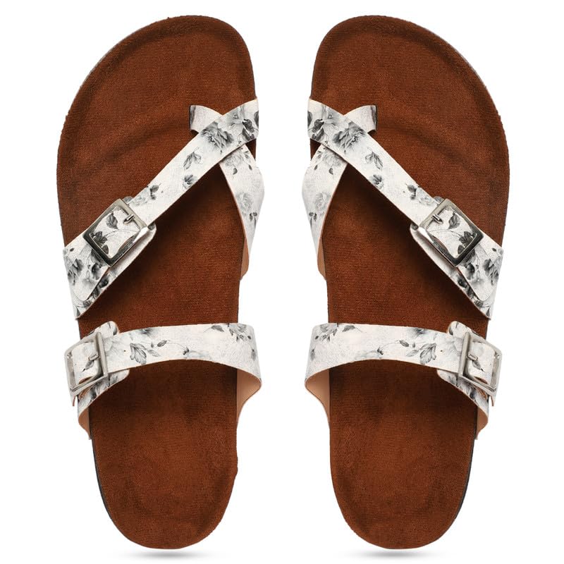 MOZAFIA White Flower Print Synthetic Leather Comfortable Stylish with Open Toe Casual Flat Sandals & Flip Flops for Women (WSLP-SK-2304-903-White Flower-39) (B0CQCZ5H8Q) Amazon Price History, Amazon Price Tracker