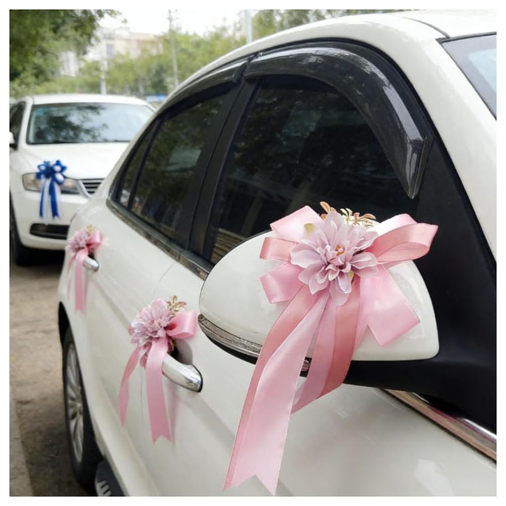 Autoschleifen Künstliche Blume Hochzeit Autoschmuck Simulation Blumen Rückspiegel Türgriff Blume Schleife Dekoration mit Saugnäpfe Hochzeitsauto Deko für Hochzeits Auto Stuhl Party 5# 24 Stück