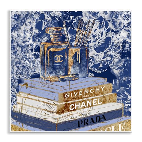 Stupell Industries Fashion Book Pile Glam Designer Accessories Blue Gold, Designed by Ziwei Li Art, 12x12, Wall Plaque