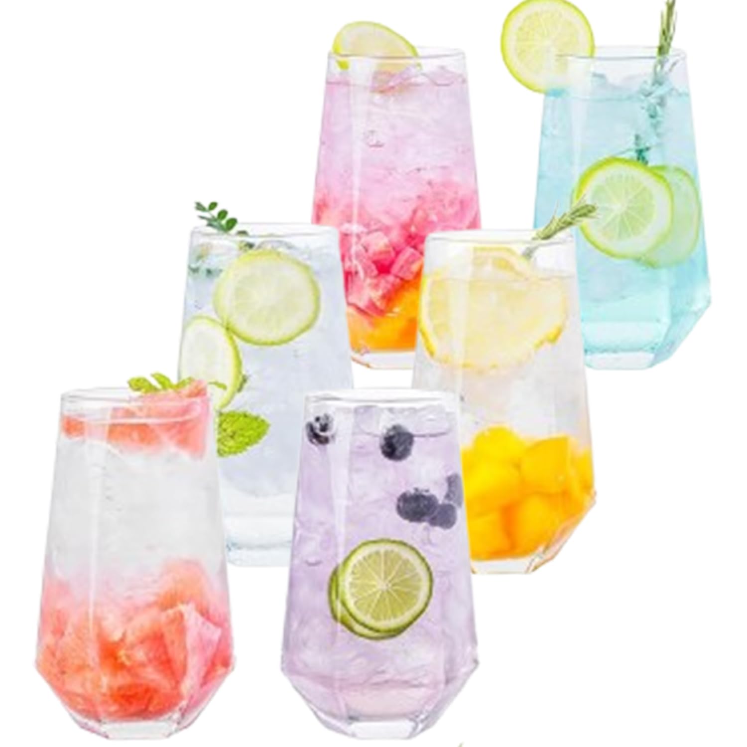 Diamond Design Drinking Glass Set of 6 16oz Tall Water Glasses Highball Mojito Tumblers for Water Juice Cocktail