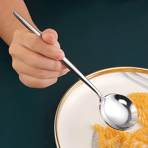 Miniatura 6 de Juego de 18 cucharas de mesa de acero inoxidable, cucharas redondas de mango largo, cucharas de caldo, juego de 18 (plateado, 8.3 pulgadas)
