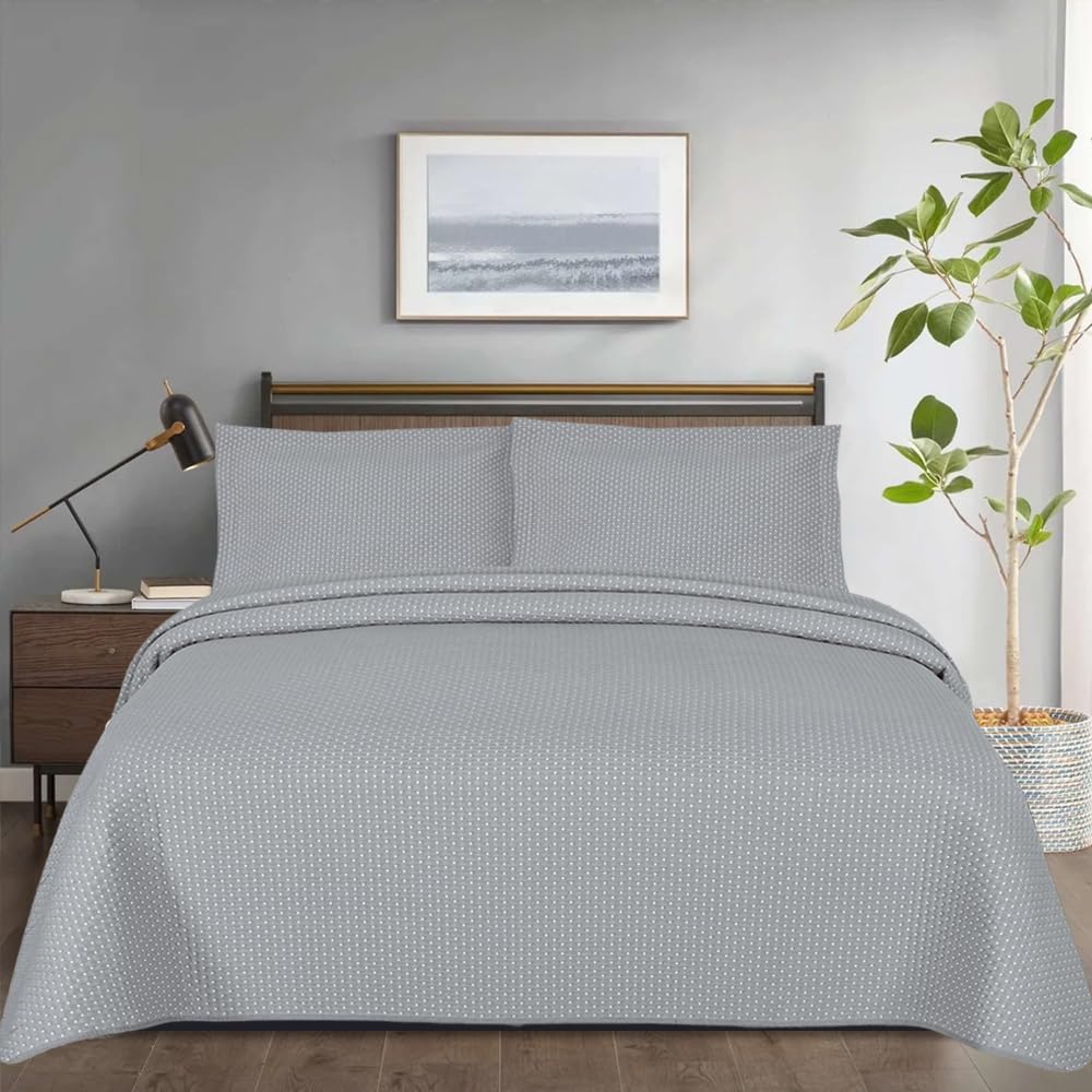 B&B Quilted Bedspread THROW Super King Size - Soft Warm Embroidery Pattern Embossed Quilt Coverlet Bedspread Bed Throw with 2 Pillow Sham (Grey Square)