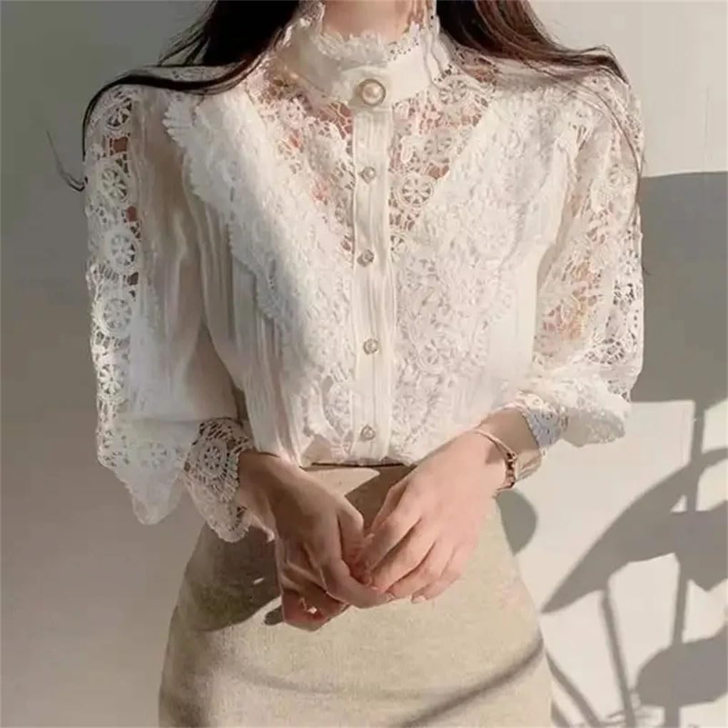 Camisa de encaje hueco con cuello alto para mujer, color liso, empalme de manga larga