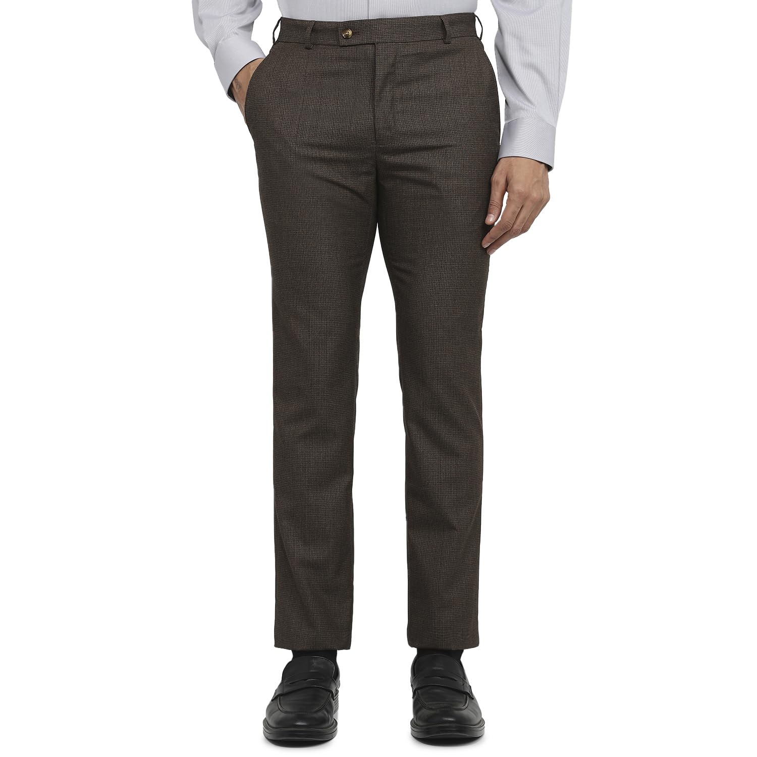 raymond Men Slim Fit Checks Pattern Polyester Blend Flat Front Formal Trouser Dark Brown-picture-32