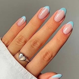 Square Press on Nails Short Fake Nails French Acrylic Full Cover False Nails for Women and Girls 24PCS (Blue French)