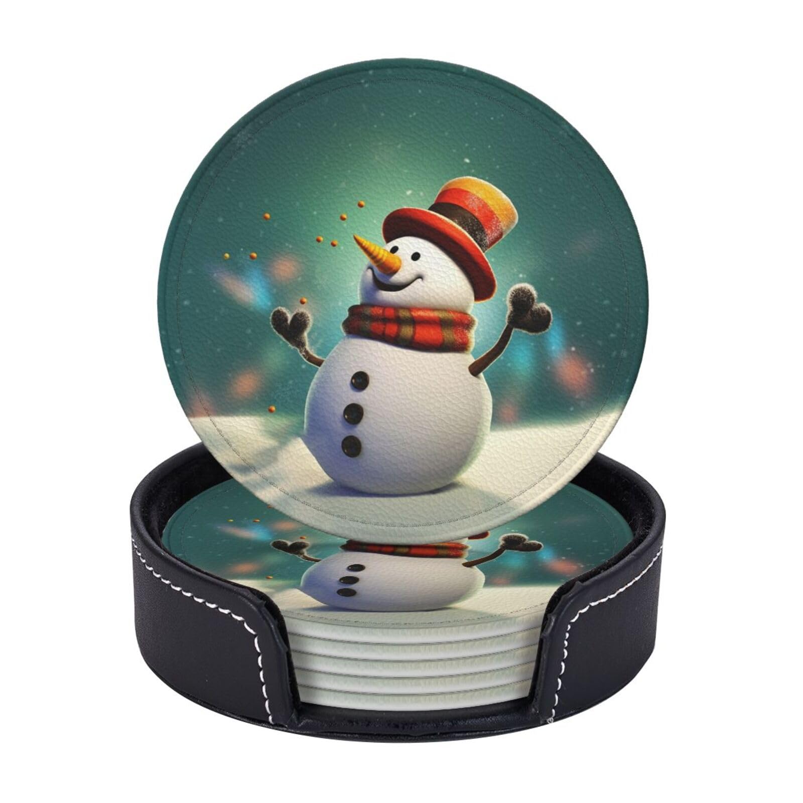 6PCS Drink Coasters with Holder, 4" Leather Coasters for Drinks, Funny Snowman Cup Coasters for Coffee Table Decor, Non-Slip Drinking Cup Mat for Hot or Cold Drink