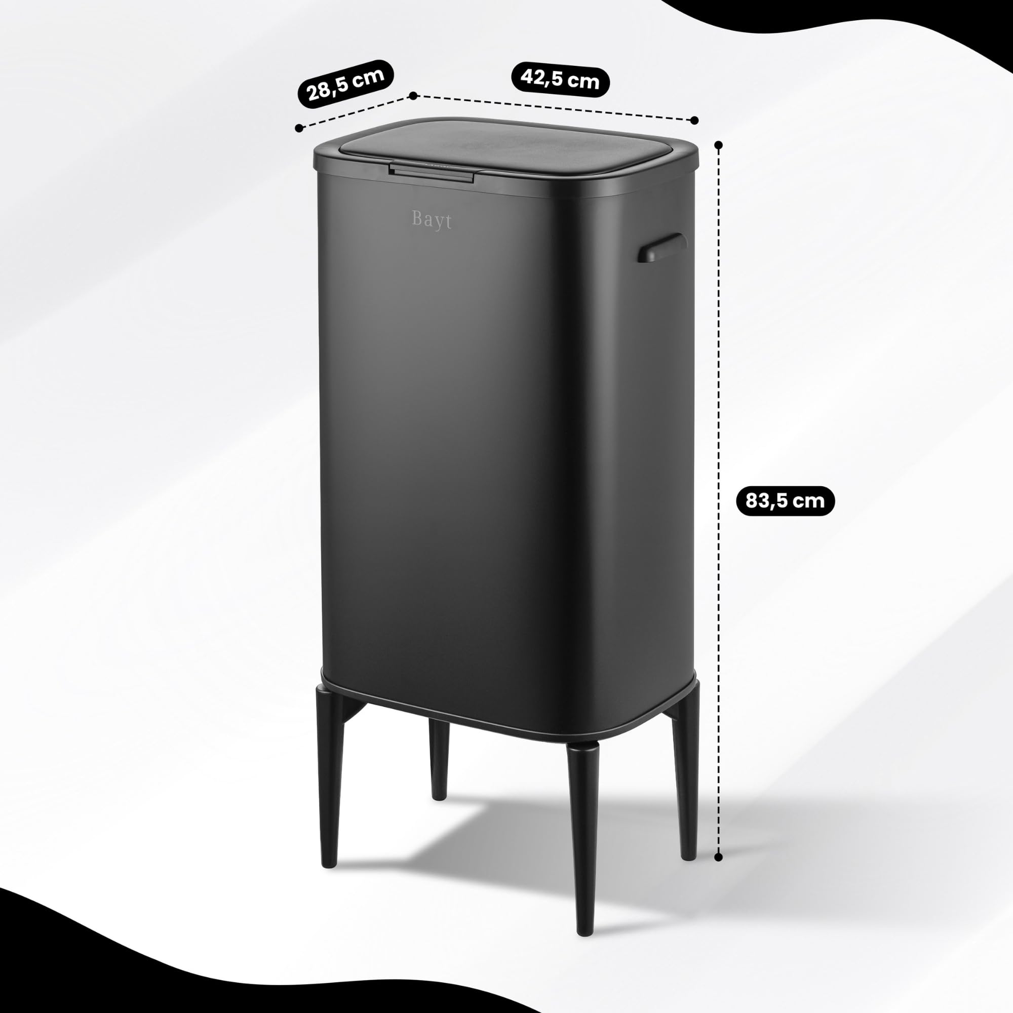 Bayt Abfalleimer mit stabilen Füßen - passend für 60L Müllbeutel - Automatischer Sensor-Mülleimer - Küchenmülleimer - Edelstahl - Schwarz