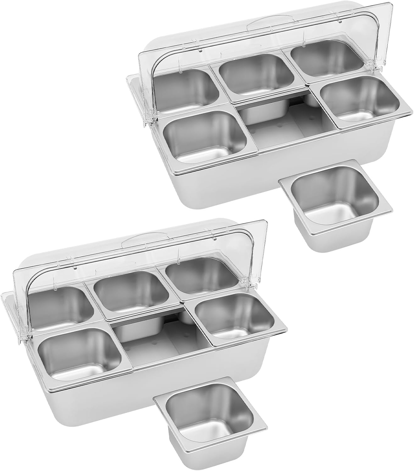 2Pcs Countertop Cold Food Serving Display Container w/6 Pans&Ice Packs, Stainless Steel Cooled Condiment Dispenser, Appetizer Cooler Tray Buffet Spice Fruit Display Rack w/Lid&Spoons&Clamps