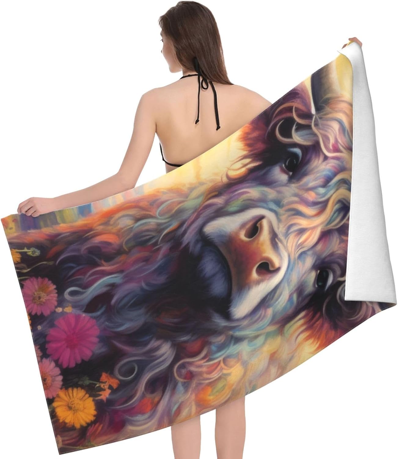 Microfiber Beach Towel, Floral Highland Cow Beach Towels 32x52in,Quick Dry, Sand Free, Ultra Soft & Oversized Towel for Travel, Bathroom, Swimming - Ideal for Pool, Camping, Yoga, or Gift Decor
