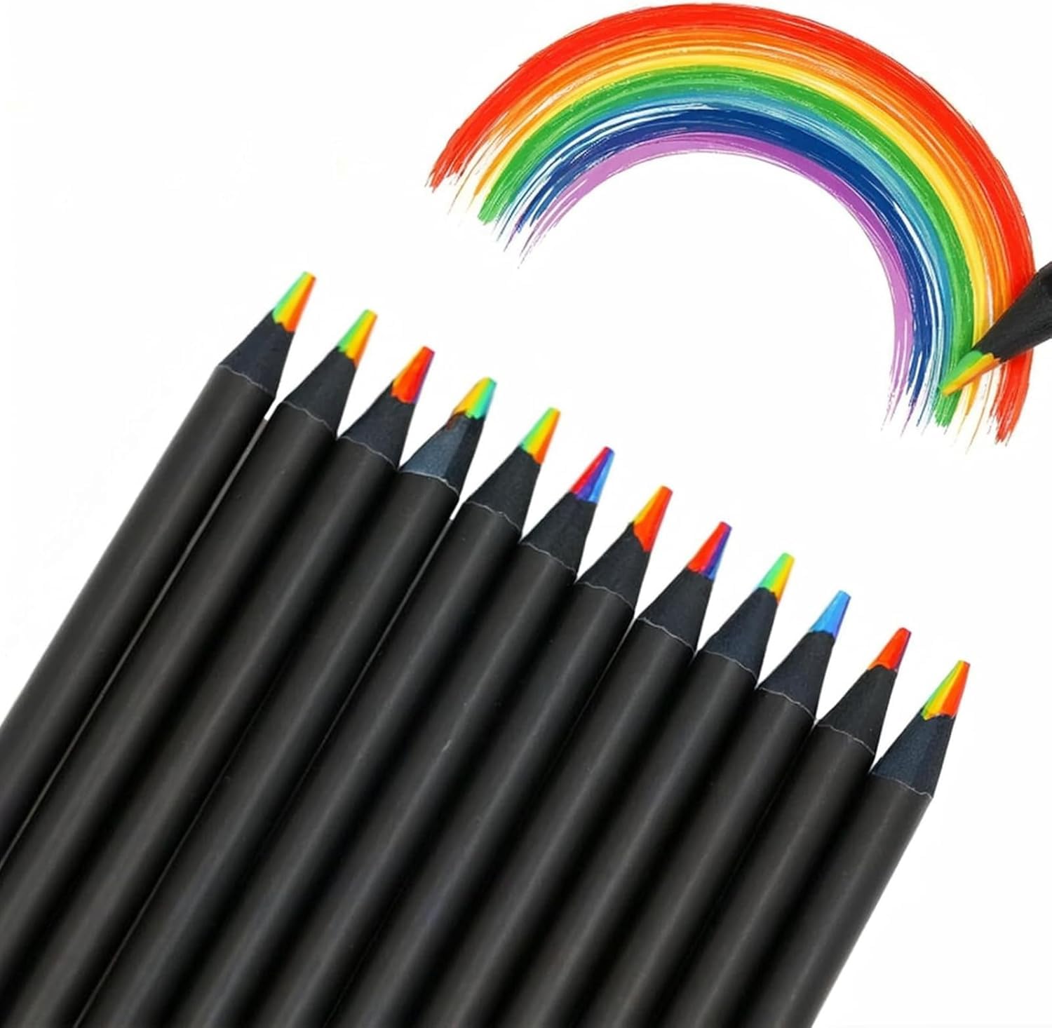 Wynhard 12 Colors Rainbow Pencils for Kids Adults, Rainbow Colored Pencil Art Supplies for Girls Boys, Black Wooden Multi Colored Pencils Bulk for Coloring Drawing Sketching