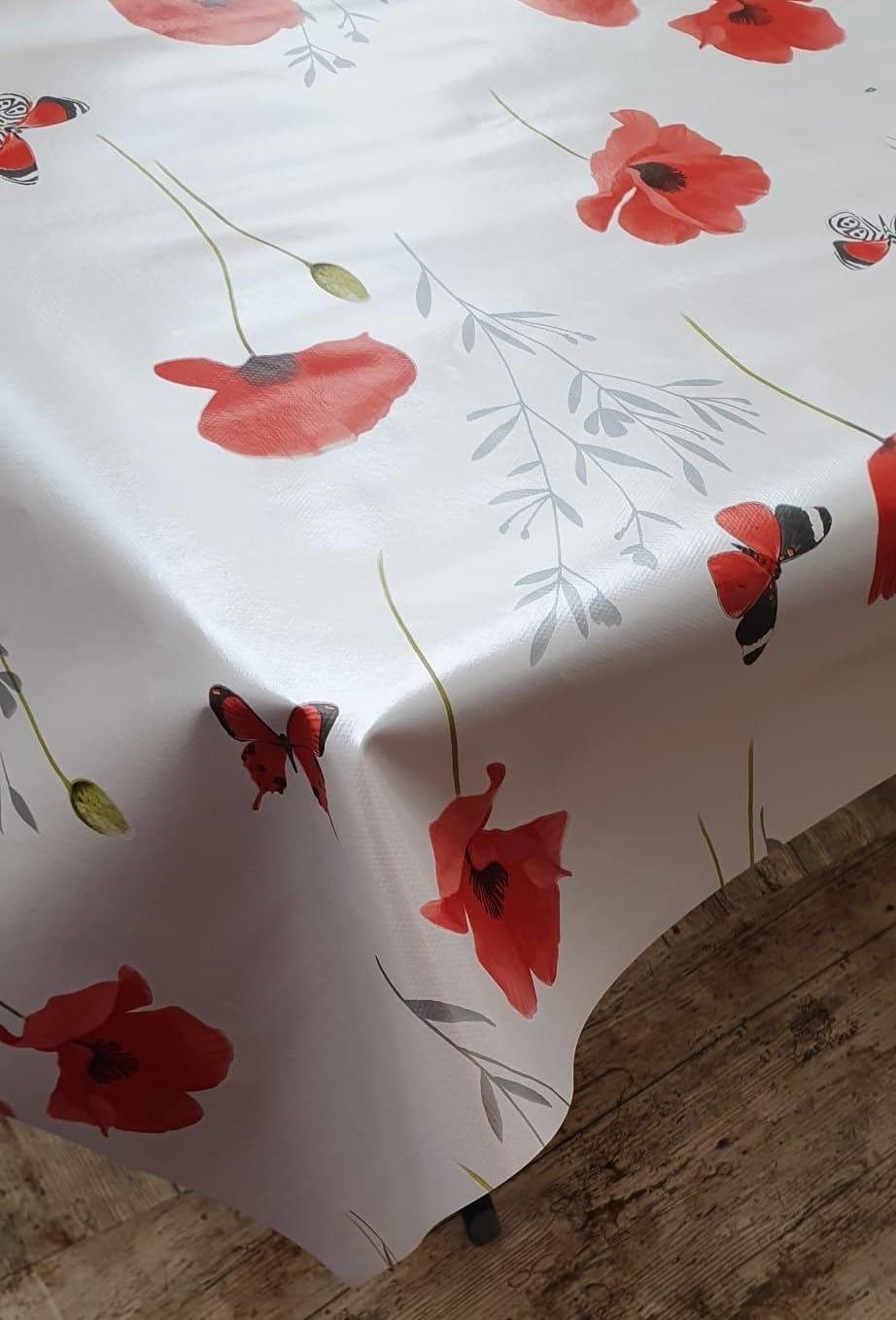 Designers247 Off White Red Poppy Flowers PVC Tablecloth Silver Grey Green Leaves Poppies Floral PVC Vinyl Plastic Oilcloth Wipe Clean Table Cloth Protector (250cm x 140cm Rectangle 98" x 54" inches)