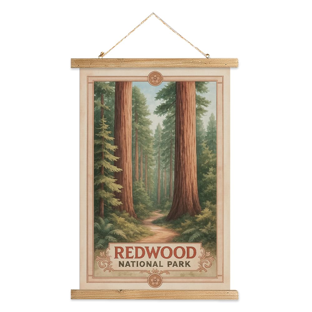MIDEFINCH Redwood National Park Art Print, Vintage Linen Canvas Poster with Solid Wood Scroll Frame, Rustic Landscape Wall Hanging for Living Room