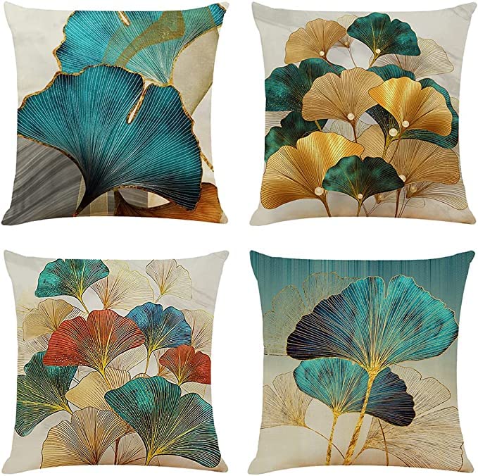 TIDWIACE Set of 4 Decorative Cushion Covers Linen 45 x 45 cm, Art Deco Modern Teal and Gold Leaves Throw Pillow Cover for Sofa Cushions Living Room Outdoor Garden