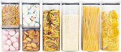 Kit 8 Potes Herméticos Acrílico Quadrado Empilháveis, Tampa de Vedação Silicone, Porta Alimentos e Mantimentos, Armário Cozinha Despensa