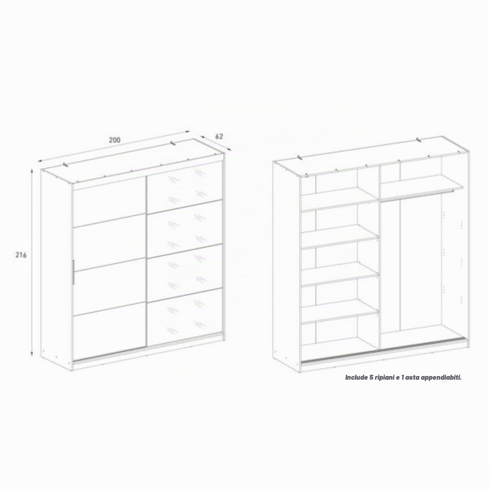 Armadio a 2 ante scorrevoli con specchio di grande formato, misure XXL 216 x 200 x 62 cm, interno con 5 ripiani e barra sospesa