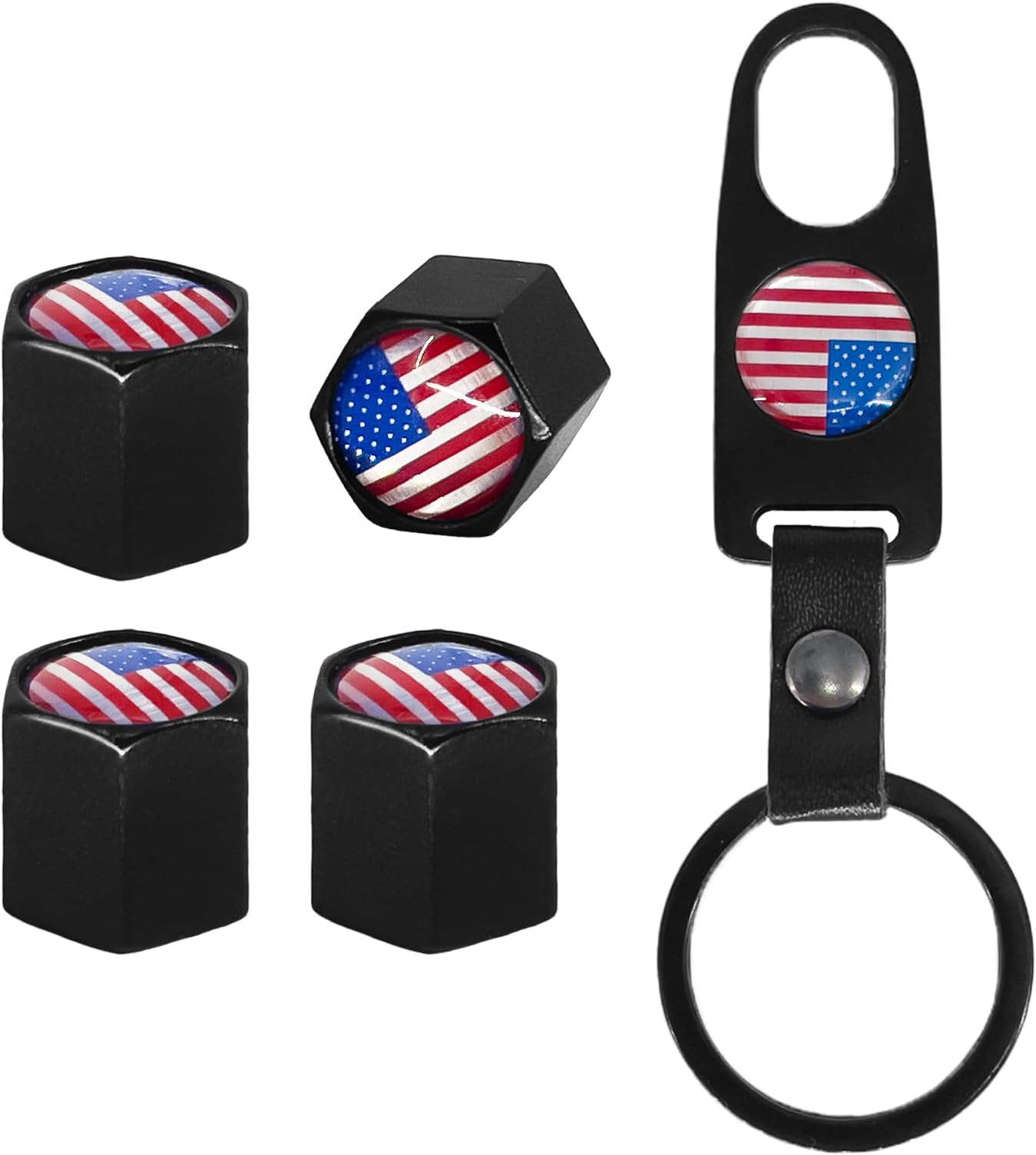 GONTSIG Tire Valve Stem Caps Set with Keychain, Corrosion Resistant, Black Universal Stem Covers for Cars Trucks Motorcycles SUVs Bikes, USA Flag