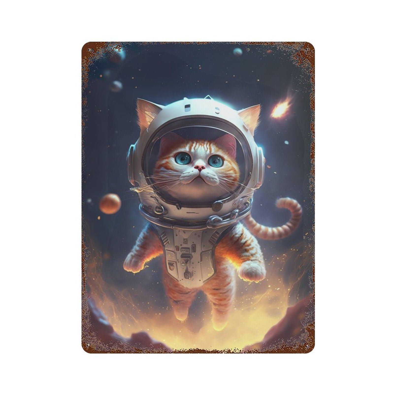 Rust Effect Tin Sign Astronaut Space Cat 15.7"x11.8", Vintage Wall Decor for Basement, Hobby Room And Garage Decor