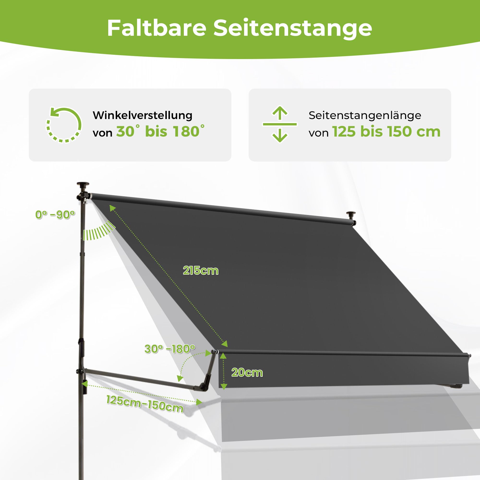 BelleMax Klemmmarkise ohne Bohren mit Handkurbel, 2026 Upgrade 2-in-1-Balkonmarkise mit Faltbarem Seitenarm, UV-Schutz & Sonnenschutz, Wasserdicht Höhenverstellbar Anthrazit 250 cm x (125 + 25 cm)