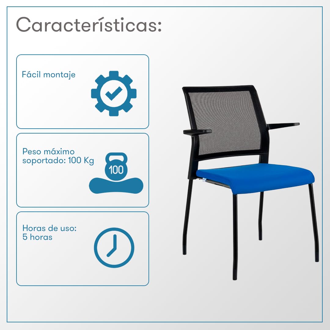 Rocada | Silla Confidente de 4 Patas - Respaldo de Malla Negra - Asiento Tapizado Azul - Reposabrazos Incluidos - Estructura Negra - Modelo RD938M-3 para Visitas y Reuniones