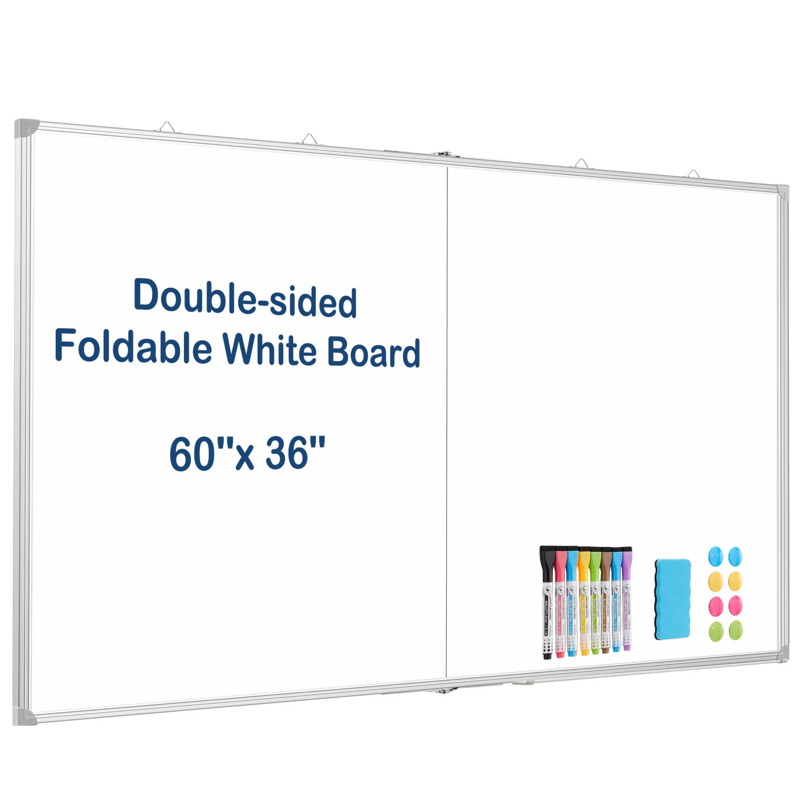 WALGLASS Large White Board Dry Erase Board, 60" x 36" Double-Sided Foldable Dry Erase Board for Wall, Magnetic Whiteboard for Office, Home, School,