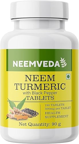 Cúrcuma Neem con pimienta negra, 180 tabletas, hechas con polvo de raíz de cúrcuma pura y polvo de hoja de neem, tableta de desintoxicación