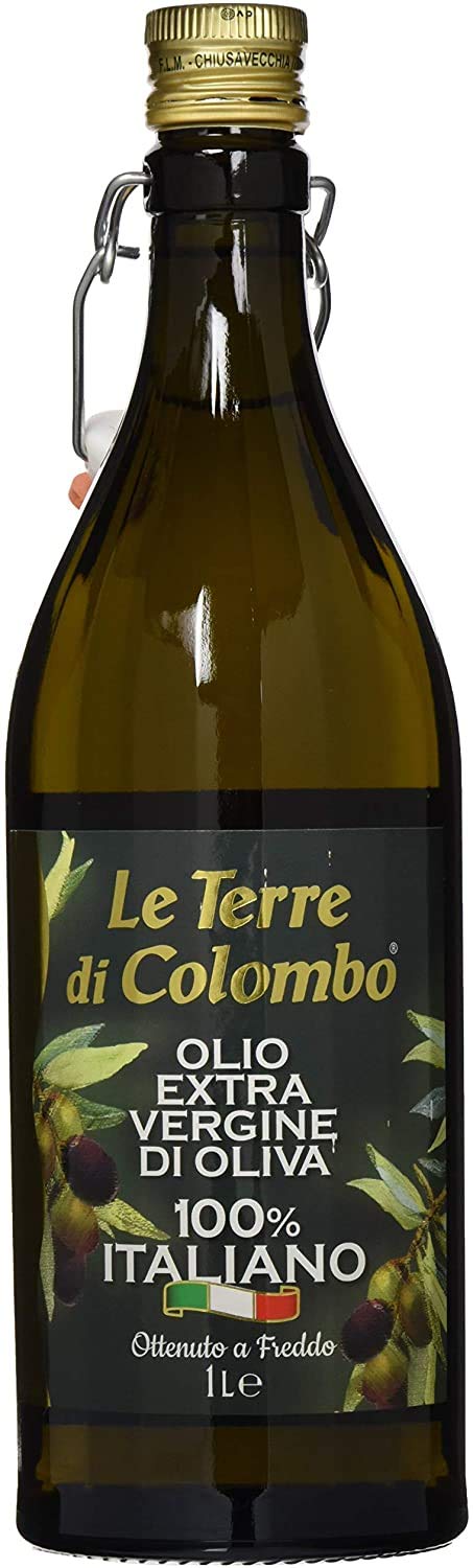 Le Terre di Colombo Aceite de oliva virgen extra 100 % italiano, botella con estrías y tapón mecánico, 1 L + Aceitunas Taggiasca sin hueso en aceite de oliva virgen extra (36 %), 500 g
