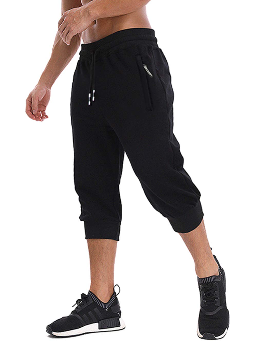 MAGNIVIT Men's 3/4 Workout Capri Pant Sweat Pants Elastic Waist Harem Shorts Black