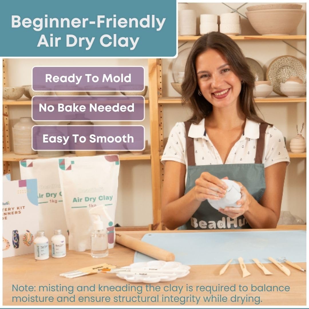 Beginner Pottery Kit - Air Dry Clay & Tools -4
