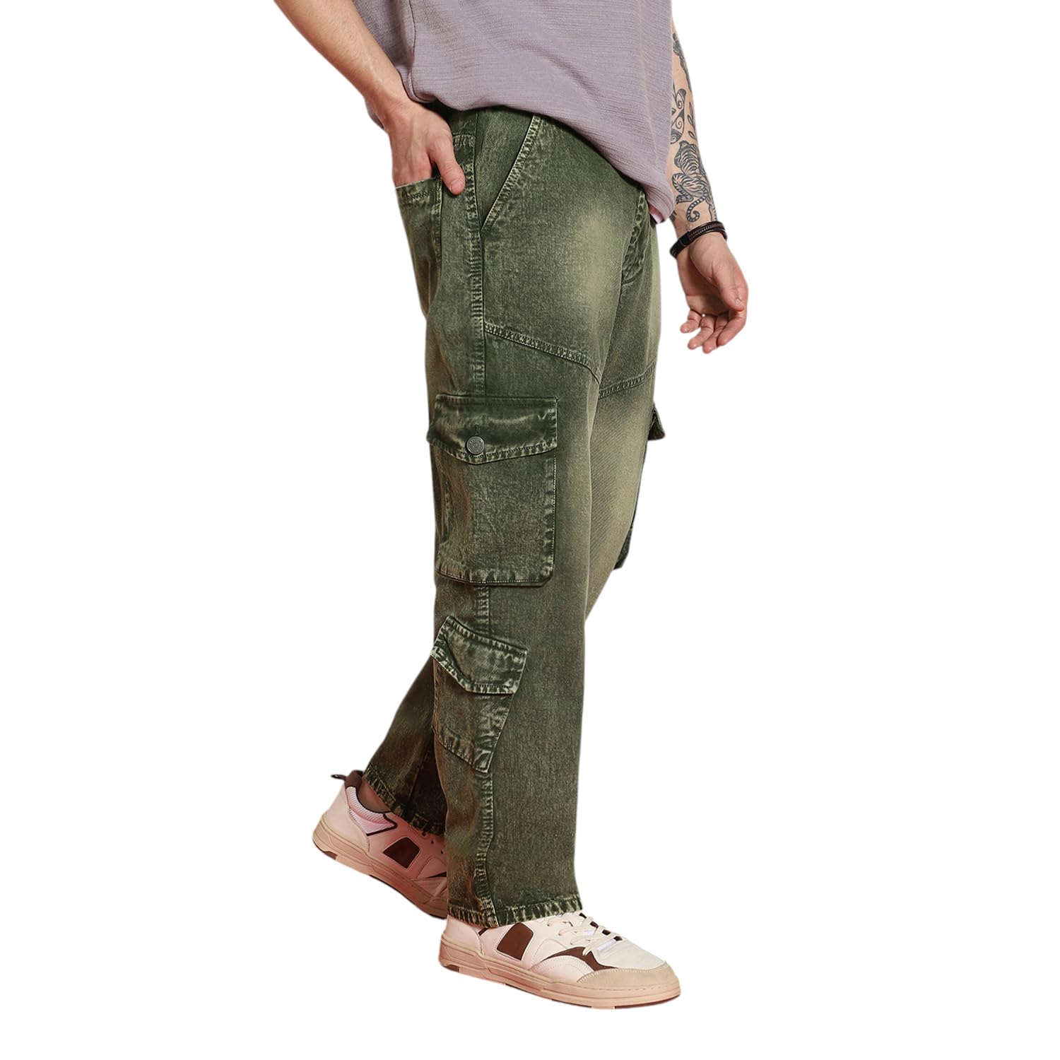 urbano fashion Men's Loose Mid Rise Baggy Fit Washed Cargo Jeans with 7 Pockets Non-Stretchable-picture-40