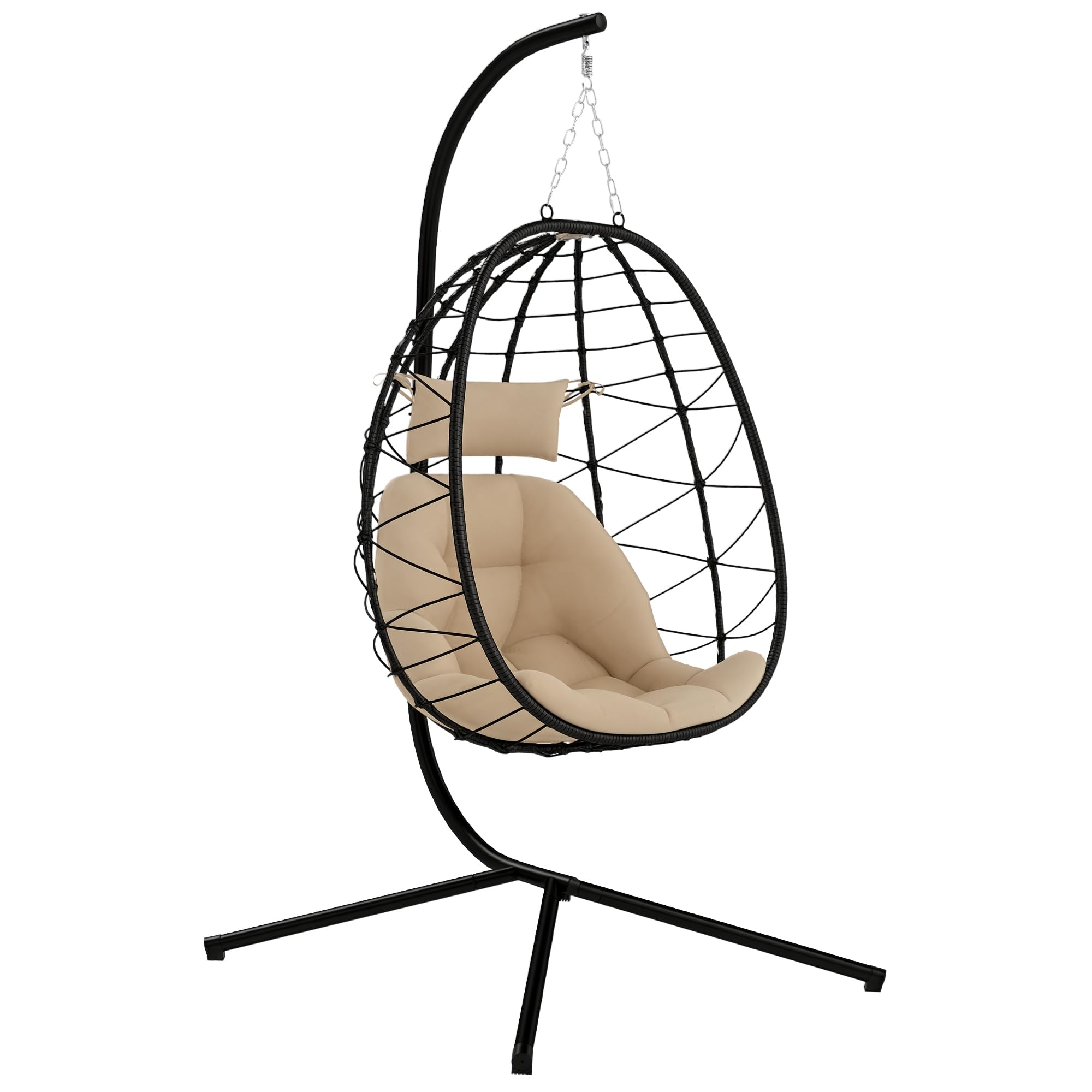Outsunny Silla Colgante Huevo con Soporte Columpio Jardín Exterior con Cesta Plegable Cojín y Reposacabezas Columpio Colgante para Interior y Exterior Carga 120 kg Caqui