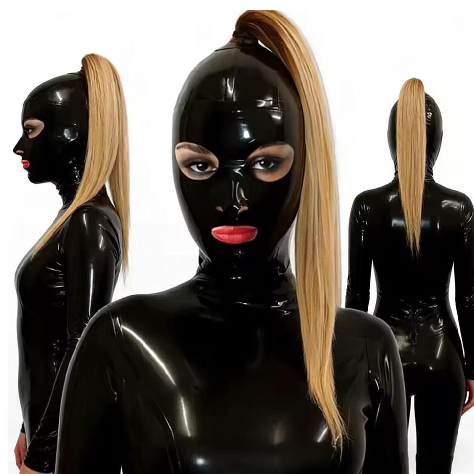 BDSM Latex Maske mit Blondem Haarzopf - S-XXL 5 Größen,Bondage Maske Sex Spielzeug für die Frau,Fetisch Kopfmaske BDSMs Latex Dessous für Damen Sex Catsuit Party Cosplay Halloween