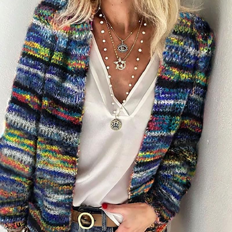 Mywinway Striped Cardigan Sweaters for Women Fall Open Front Long Sleeve Knit Colorful Multicolored Sweater Top Outerwear3