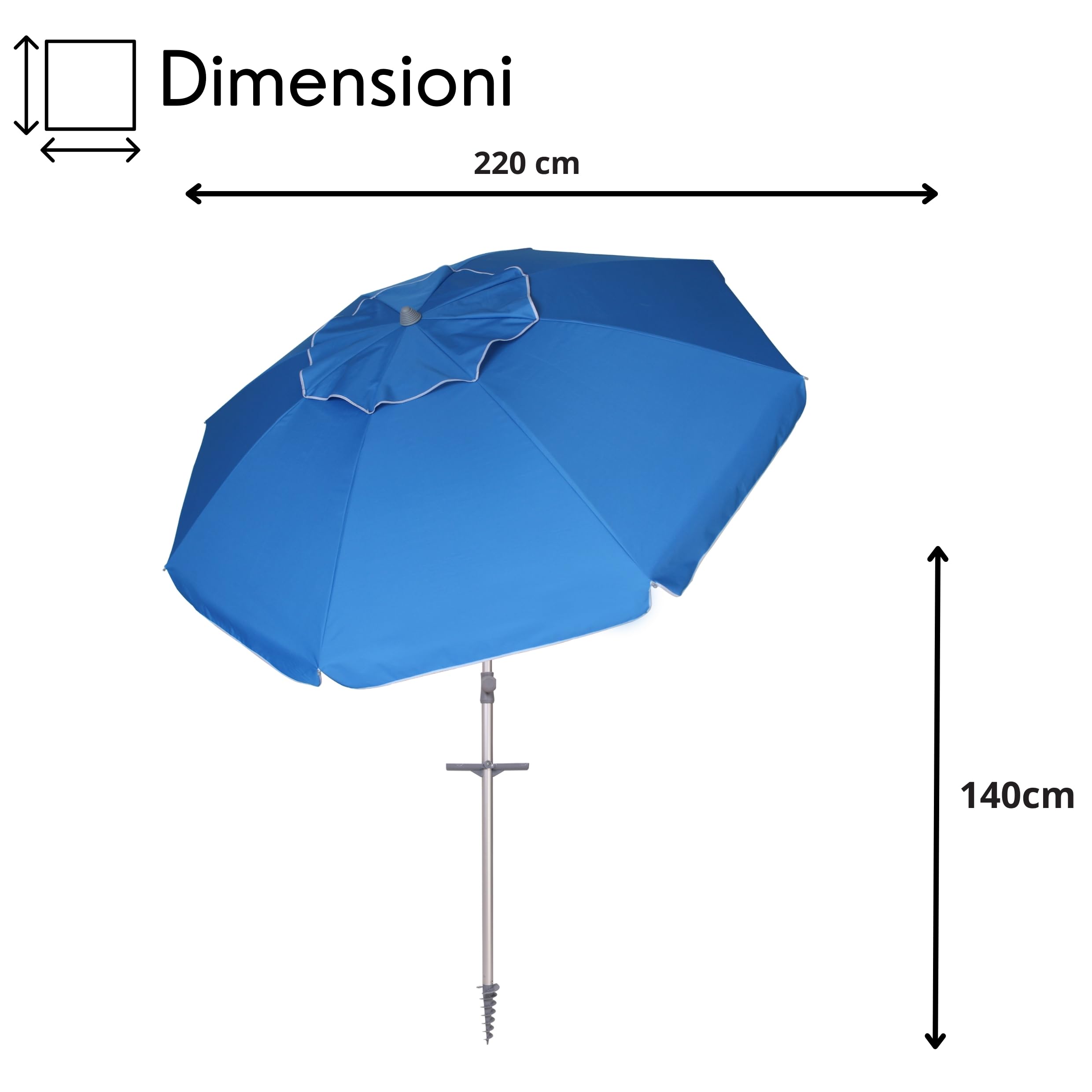 Ombrellone da Spiaggia Soffietto Antivento Ø 220cm Palo Inclinabile in Alluminio e Telo in Poliestere Azzurro Con Trivella in Plastica e Sacca Trasporto Protezione UV